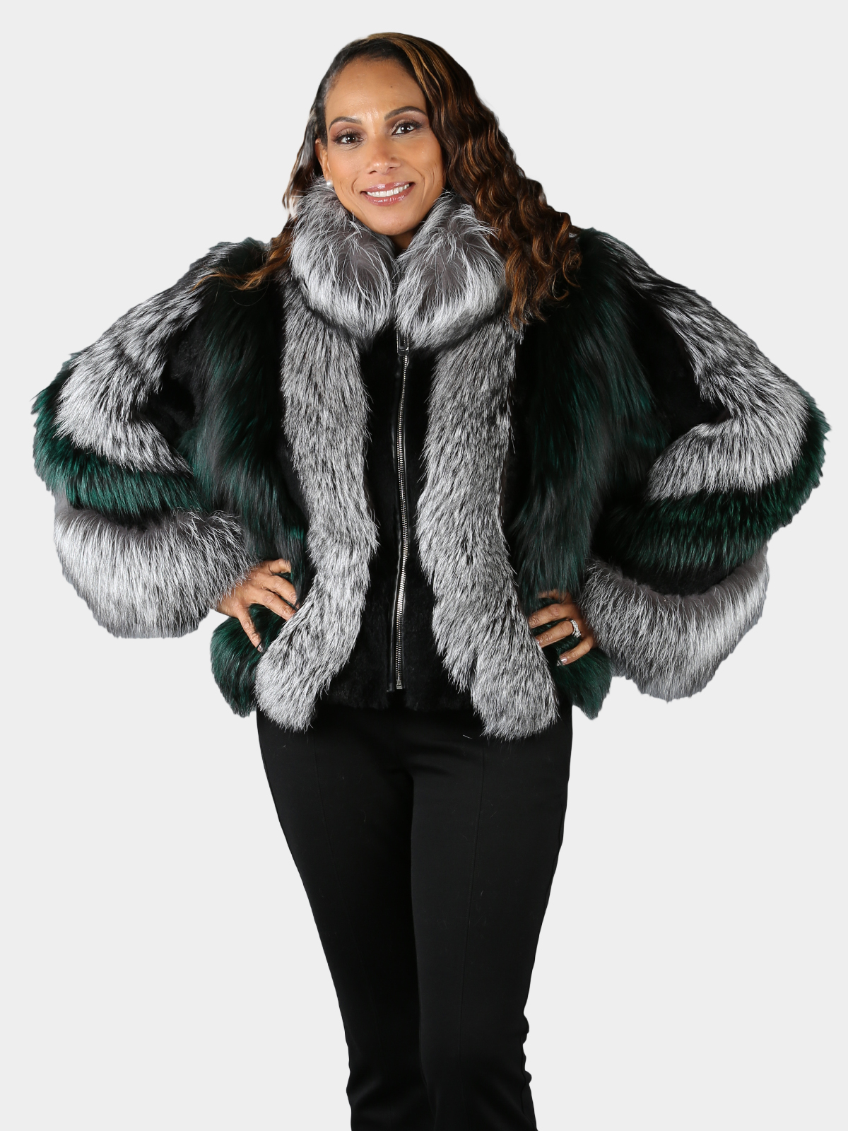 Woman's Natural Silver Fox and Green Dyed Fox Fur Jacket