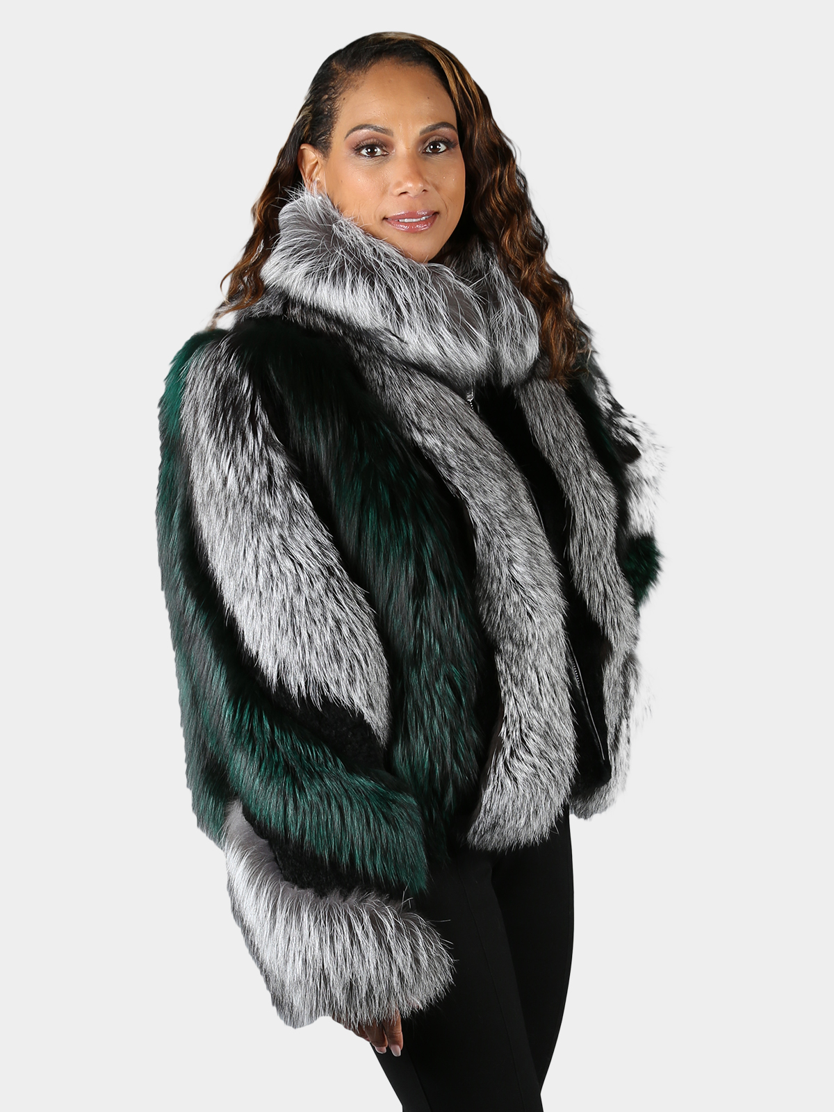 Woman's Natural Silver Fox and Green Dyed Fox Fur Jacket - Day Furs