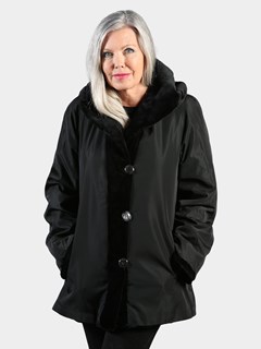 Woman's Black Sheared Mink Fur Hooded Stroller Reversible to Rain Taffeta