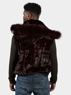 Man's Burgundy Diamond Mink Fur Vest with Dyed to Match Fox Trimmed Hood