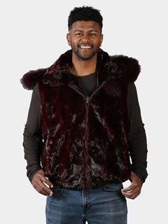 Man's Burgundy Diamond Mink Fur Vest with Dyed to Match Fox Trimmed Hood