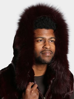 Man's Burgundy Diamond Mink Fur Vest with Dyed to Match Fox Trimmed Hood