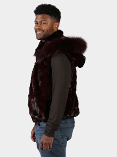 Man's Burgundy Diamond Mink Fur Vest with Dyed to Match Fox Trimmed Hood