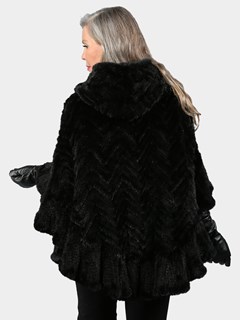 Woman's Black Knitted Mink Fur Zipper Poncho with Hood
