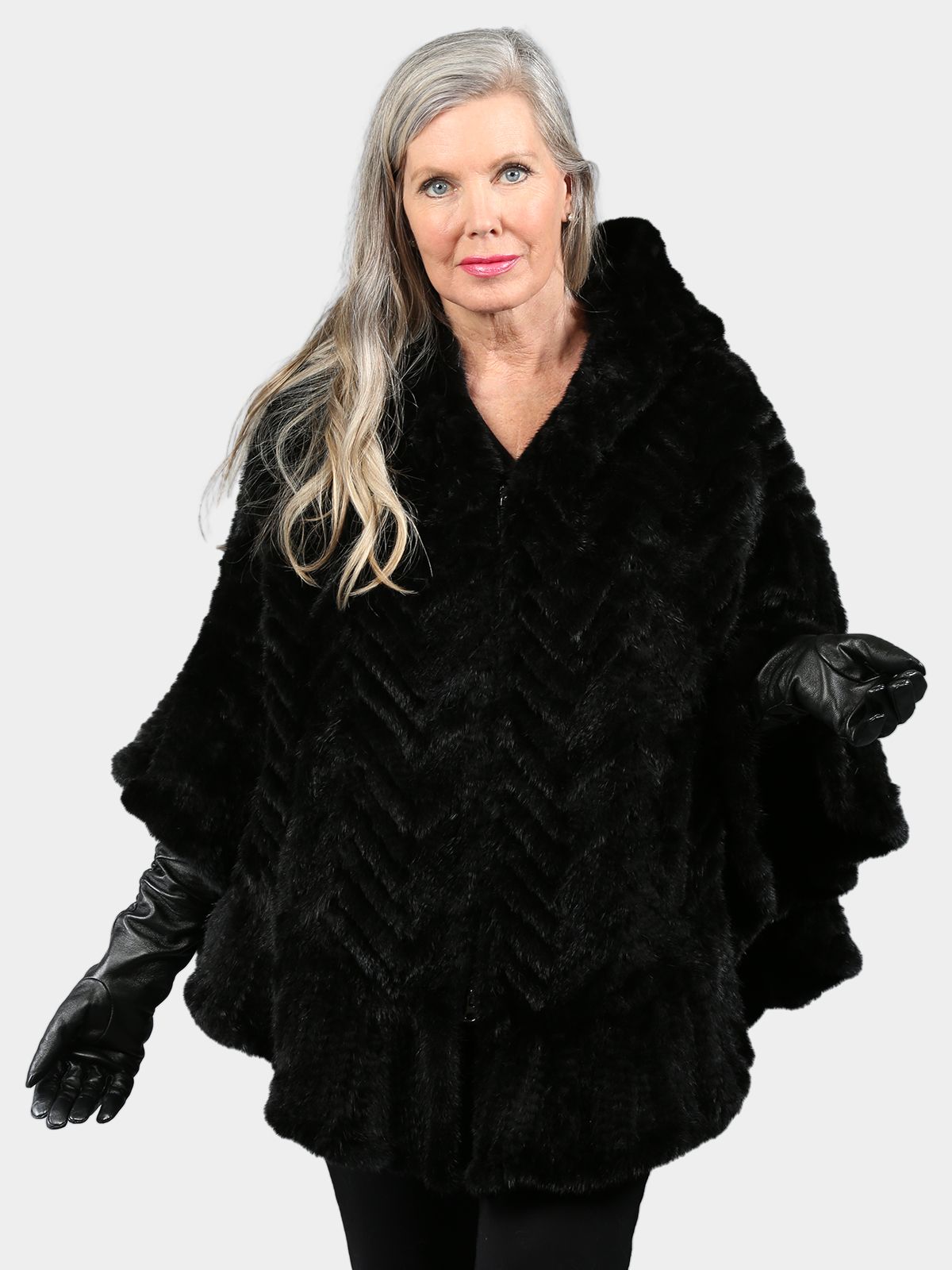 Woman's Black Knitted Mink Fur Zipper Poncho with Hood