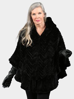 Woman's Black Knitted Mink Fur Zipper Poncho with Hood