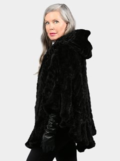 Woman's Black Knitted Mink Fur Zipper Poncho with Hood
