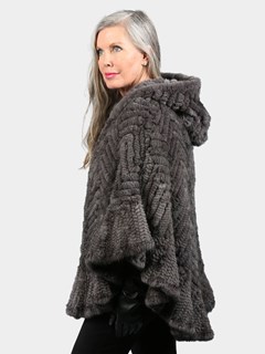 Woman's Grey Knitted Mink Fur Zipper Poncho with Poncho Hood