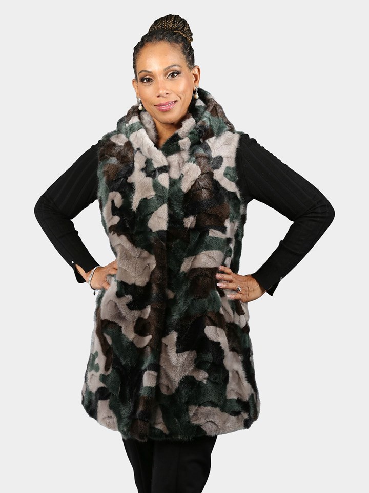 Woman's Camo Mink Fur Vest with Hood