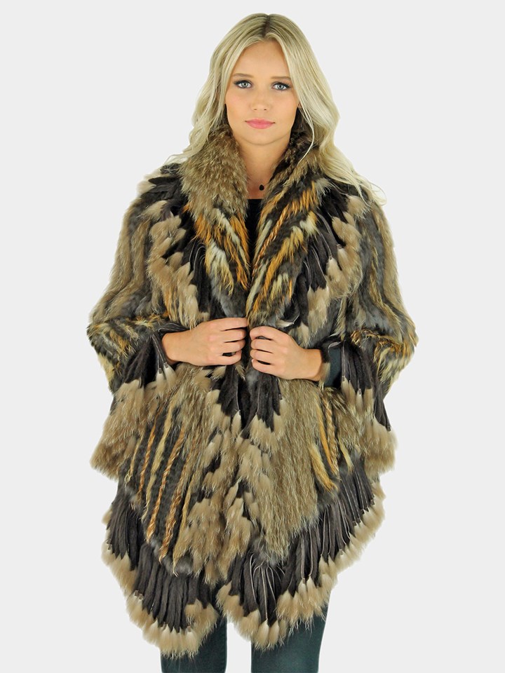 Woman's Natural Knitted Rex Rabbit and Raccoon Fur Poncho