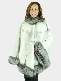 Woman's Natural Black Cross Mink Fur Cape with Silver Fox Trim