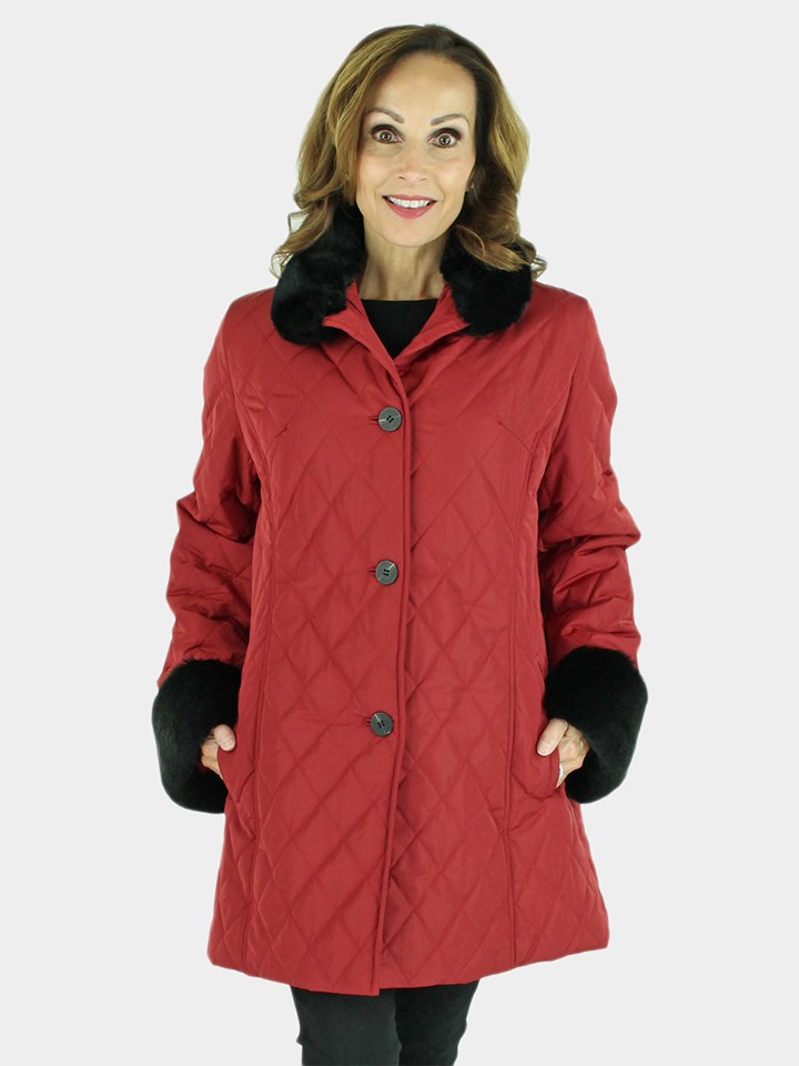 Woman's Red Taffeta Jacket with Black Rex Rabbit Fur Collar and Cuffs