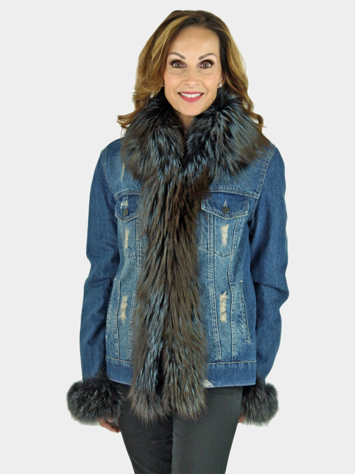 Detachable Fur Trimmed Blue Denim Jacket With Studs