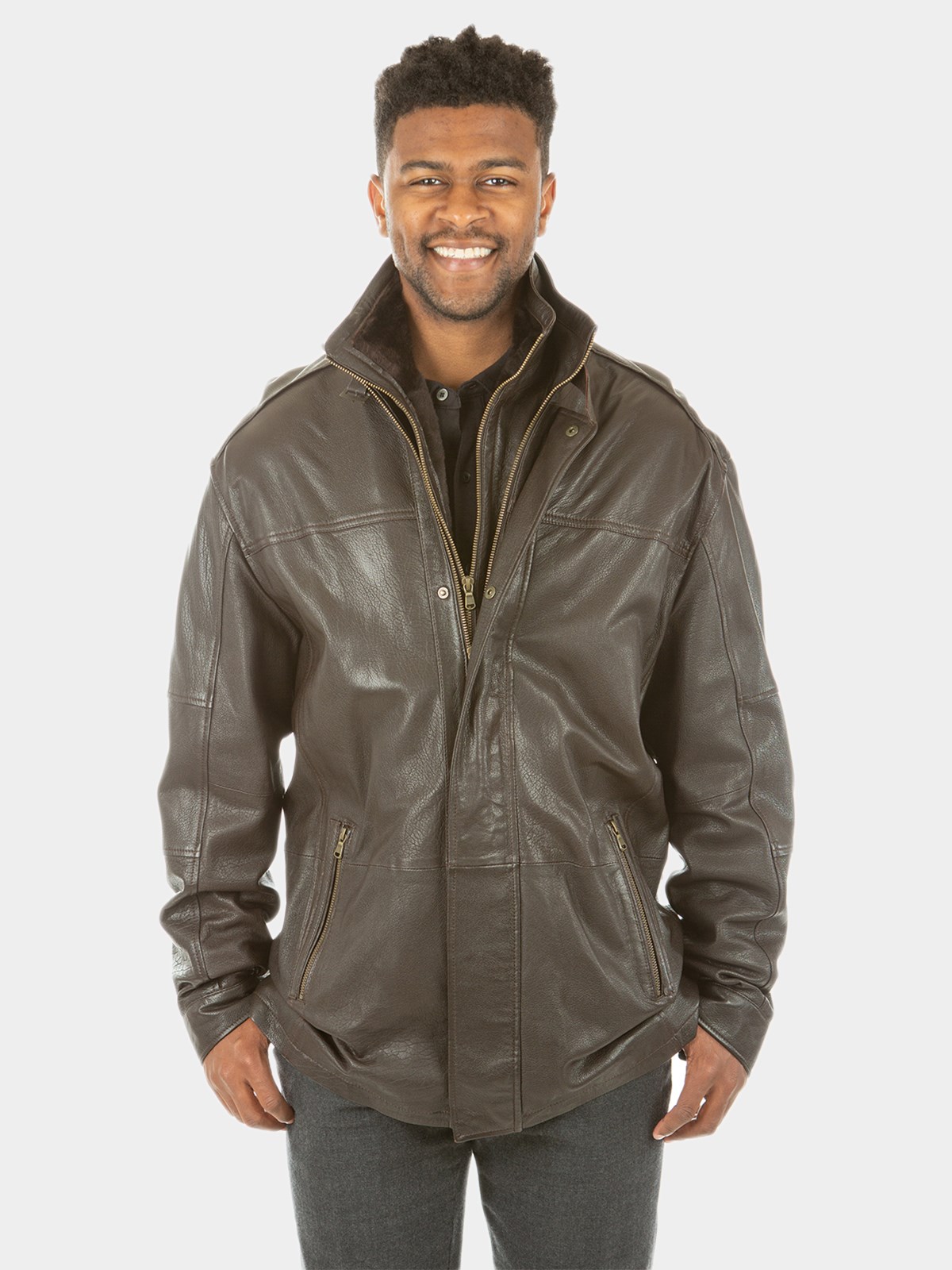 Man's Brown Leather Zipper Jacket with Detachable Shearling Lamb Collar