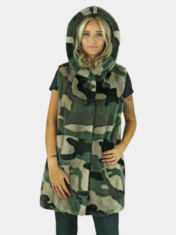 Woman's Camoflage Mink Fur Vest with Hood