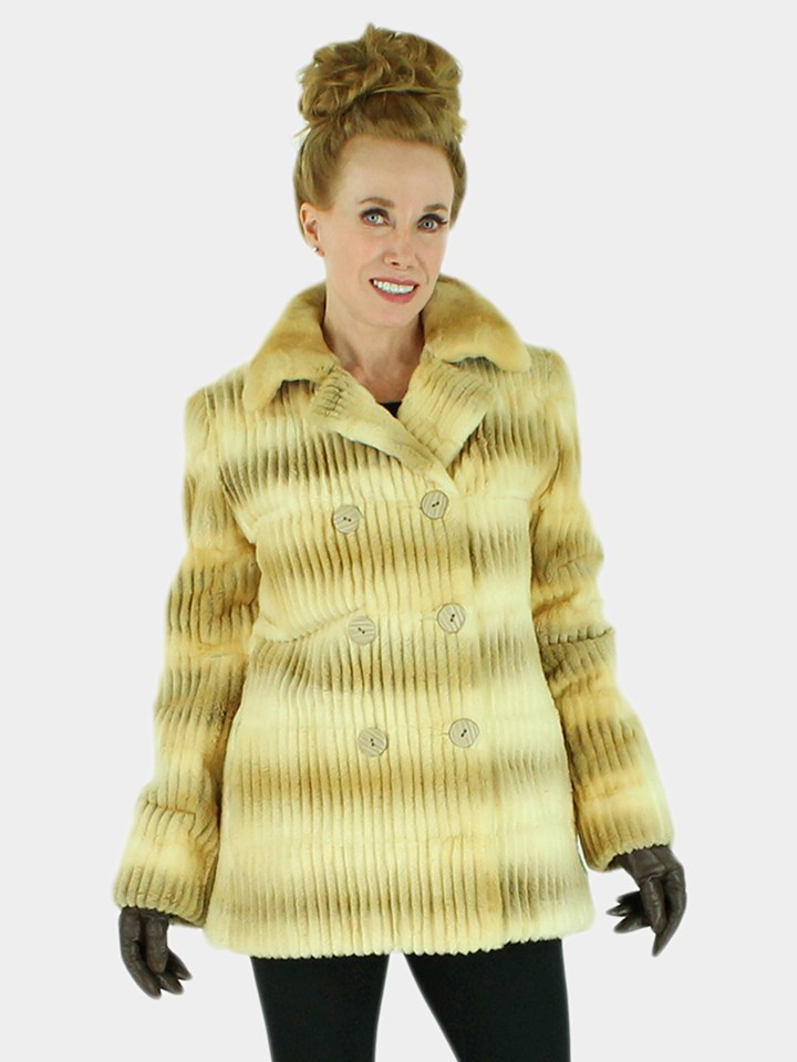 Woman's Two Tone Gold Grooved Sheared Mink Fur Jacket