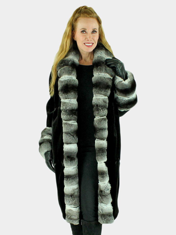 Woman's Black Sheared Mink Fur 7/8 Coat with Chinchilla Trim