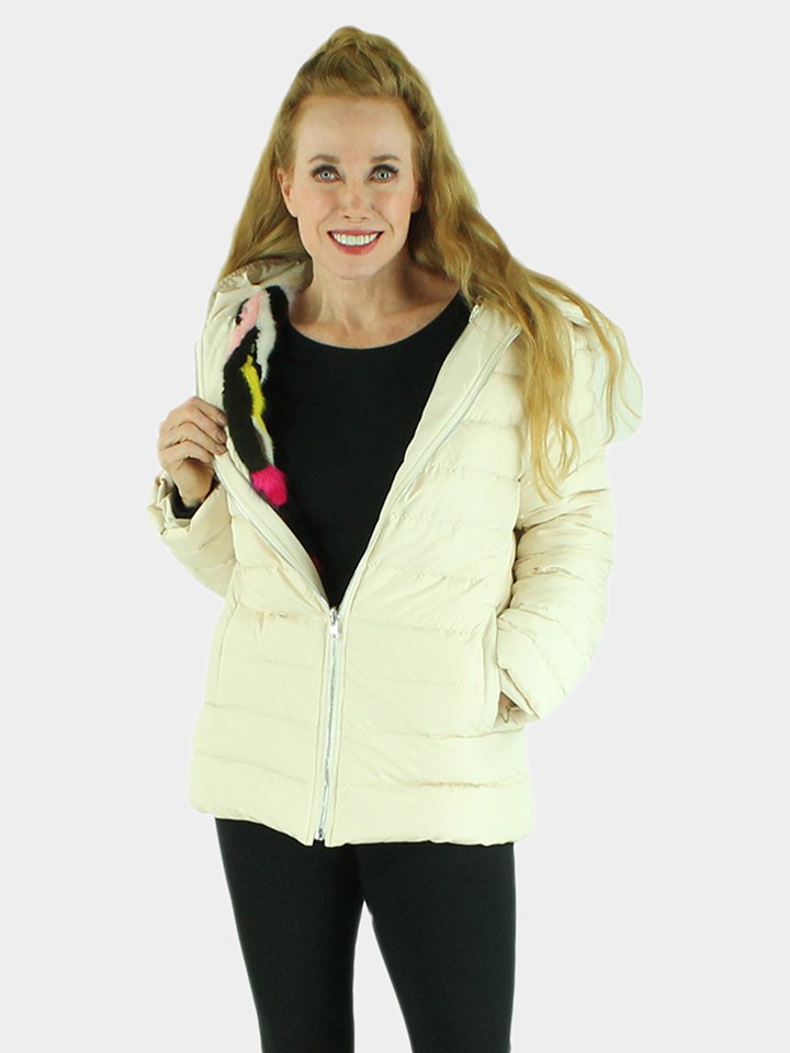 Woman's Beige Quilted Down Fabric Jacket with Zip-out Multicolored Mink Liner