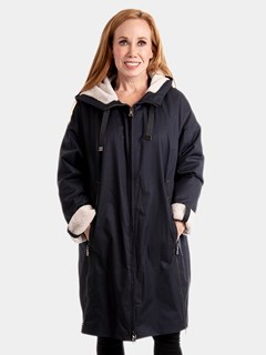 Woman's Navy Fabric Stroller with Astragan Shearling Lining, Hood and Cuffs