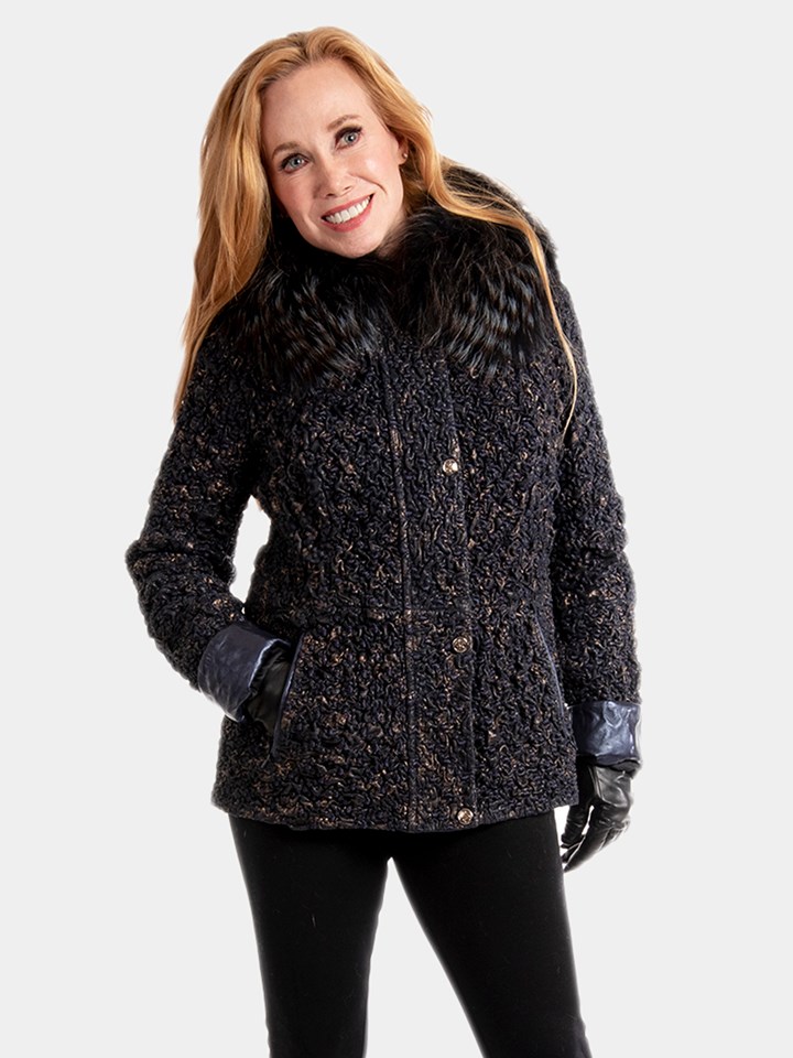 Woman's Navy Mist and Brown Knitted Lambskin Jacket with Dyed Fox Fur Collar and Cuffs