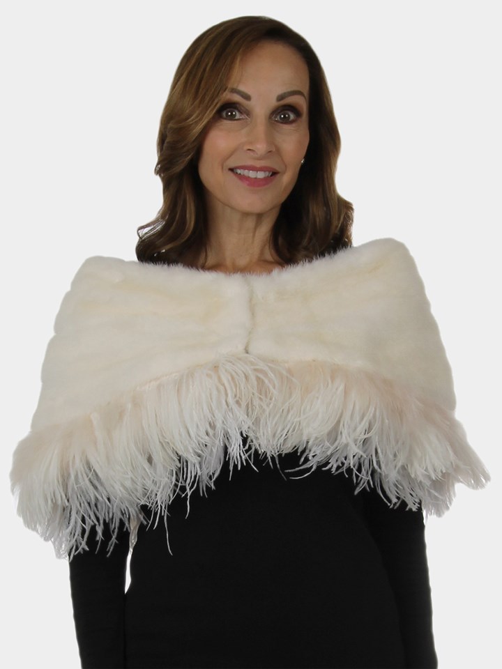 Woman's New Carolyn Rowan White Mink Fur Cape with Feathers