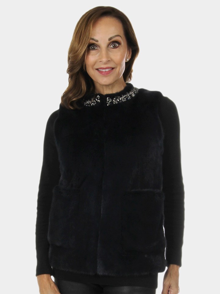 Woman's New Carolyn Rowan Navy Mink Fur Vest with Pockets