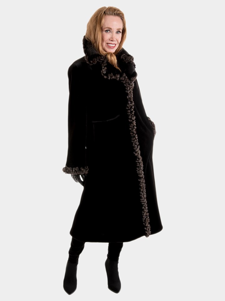 Woman's New Black Sheared Mink Fur 7/8 Coat with Belt