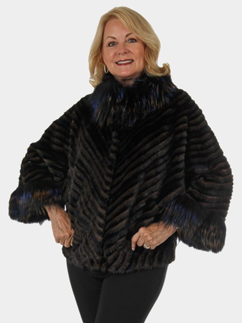 Woman's New Brown and Black Feathered Cross Mink and Rex Rabbit Fur Cape