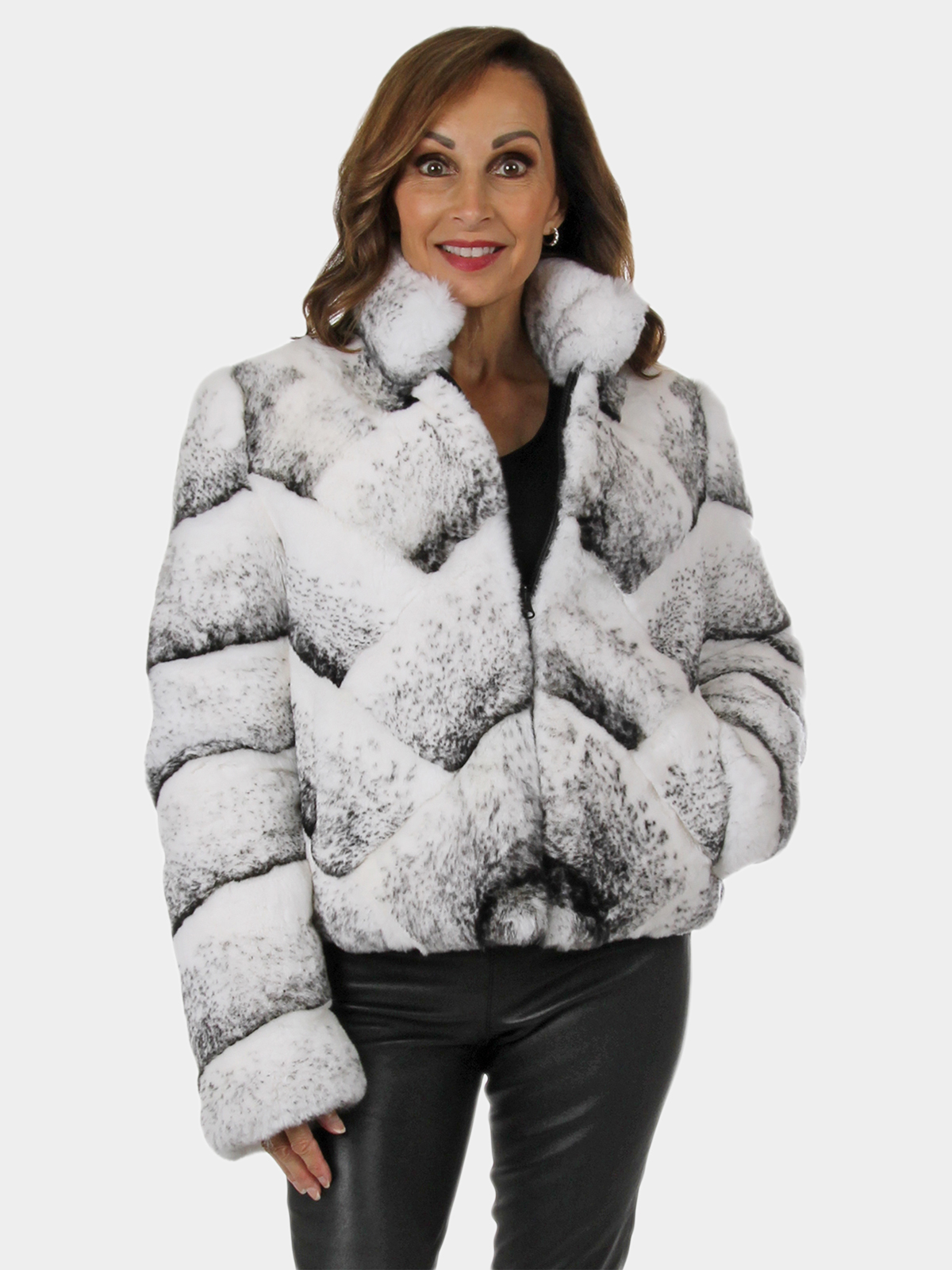 New White Sheared Rex Rabbit Fur Jacket with Fox Trim - XL | Estate Furs