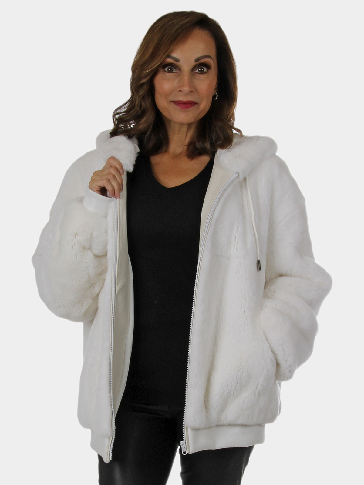 Day Furs Inc. Woman's Plus Size Black and White Rex Rabbit Fur Jacket