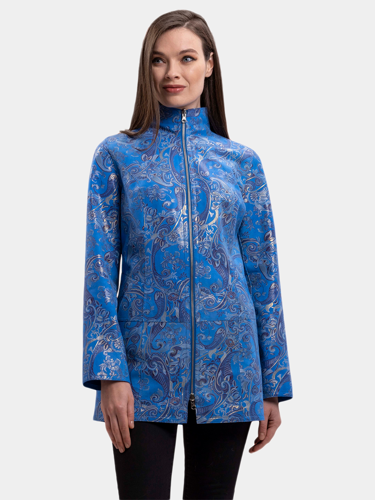 Women s Blue Floral Print Leather Jacket Day Furs