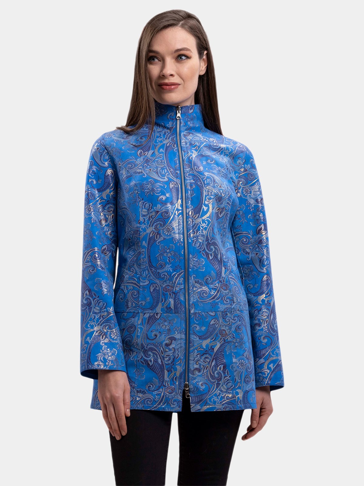 Woman's Blue Floral Print Leather Jacket