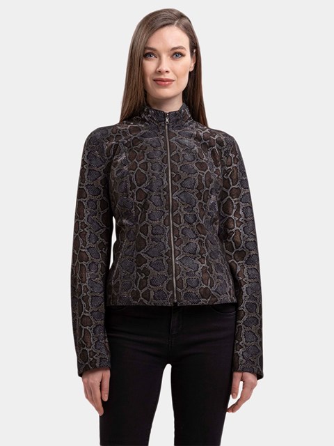 Woman's New Brown Tapestry Reptile Print Leather Jacket