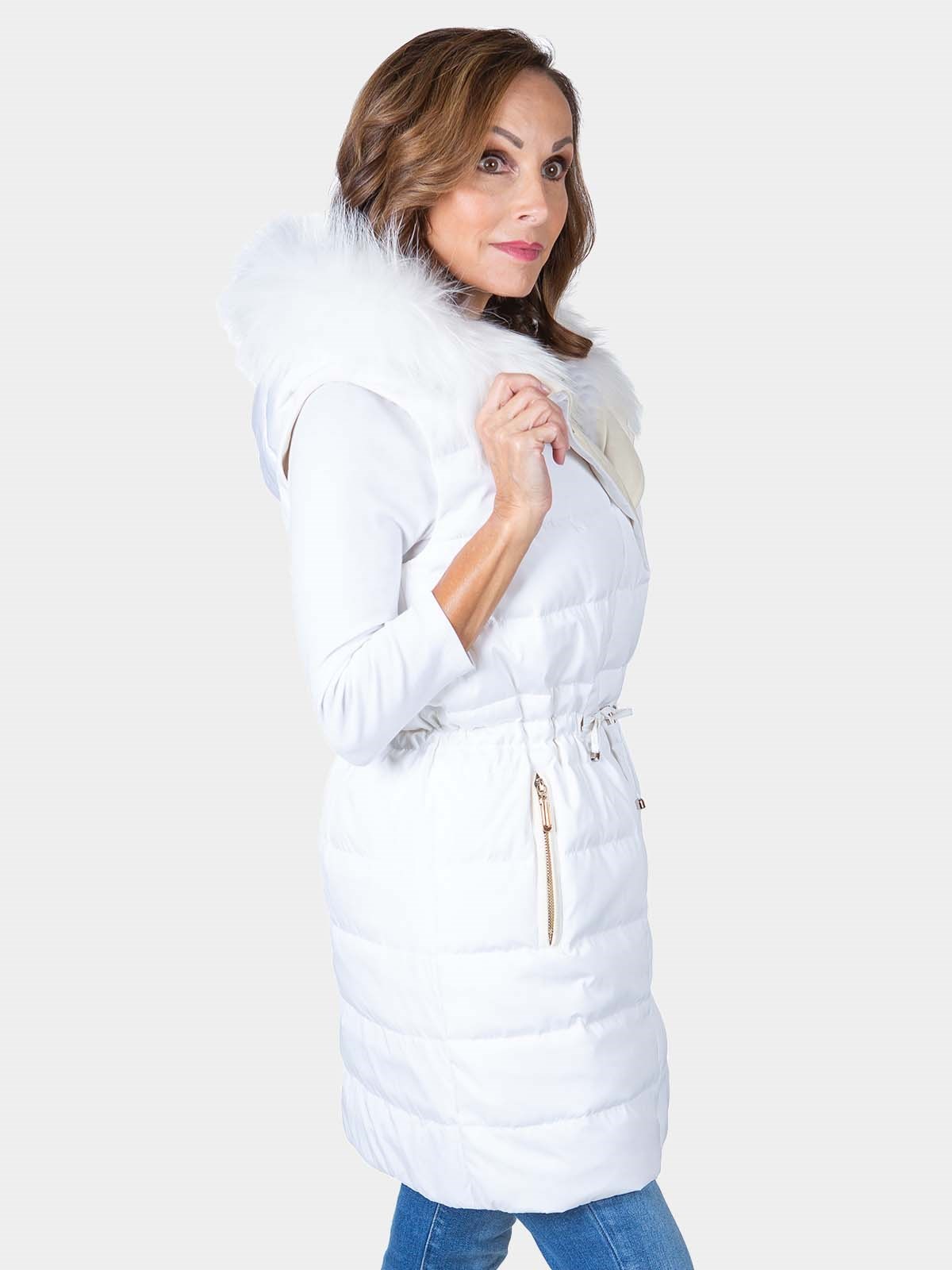 Woman's White Quilted Down-Filled Fabric Reversible to White Rex Rabbit Fur Vest