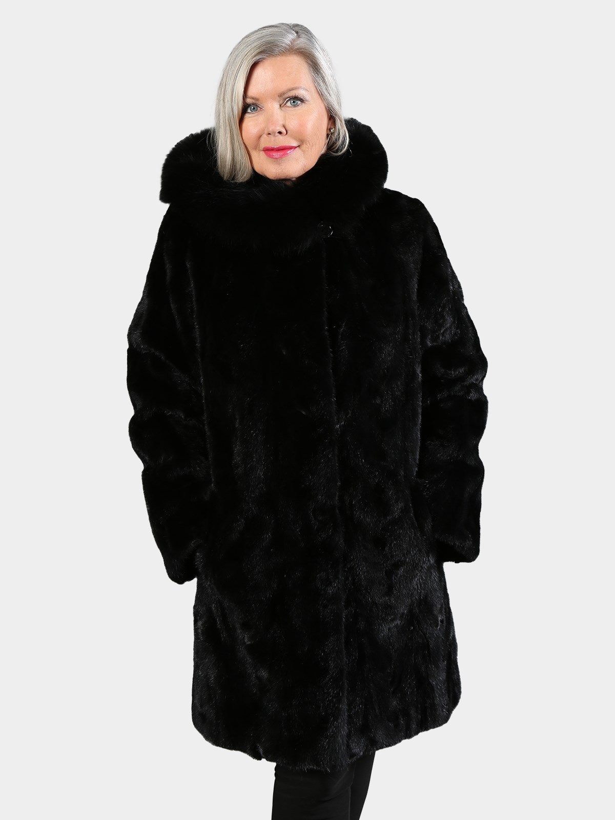 Woman's Black Mink Fur Stroller with Fox Trimmed Hood Reversing to Rain Taffeta