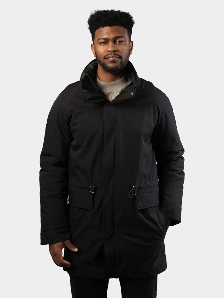 Man's Black Sheared Mink Fur Lined 3/4 Raincoat