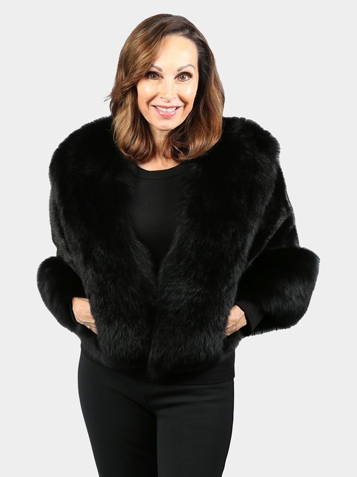 Woman's Black Mink Fur Capelet with Matching Fox Trim