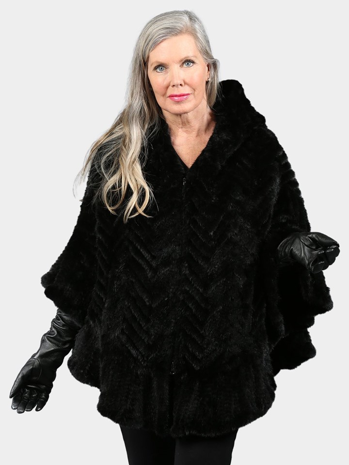 Woman's Black Knitted Mink Fur Zipper Poncho with Hood
