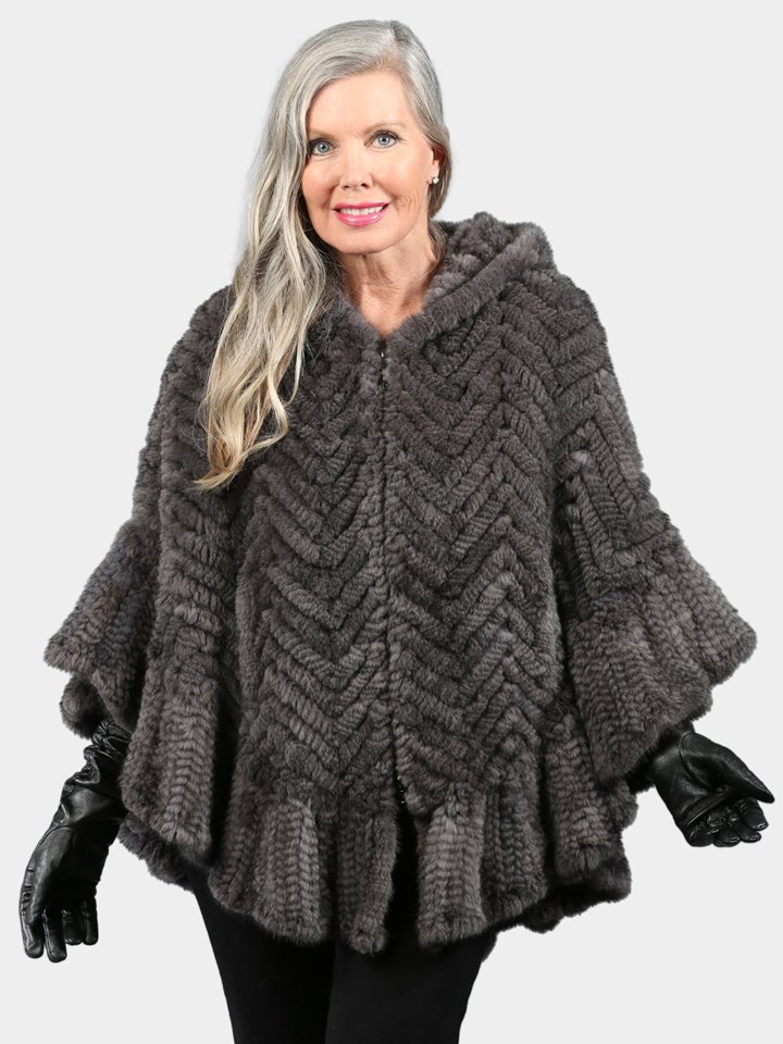 Woman's Grey Knitted Mink Fur Zipper Poncho with Poncho Hood