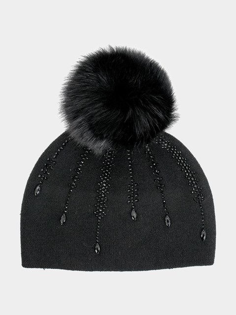 Women's Black Knit Hat with Beading and Fox Pom Pom