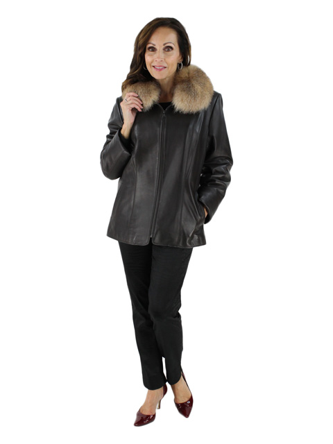 Leather Jacket W Crystal Fox Fur Trim Women S Um Dark Leather Jacket W Crystal Fox Fur Trim