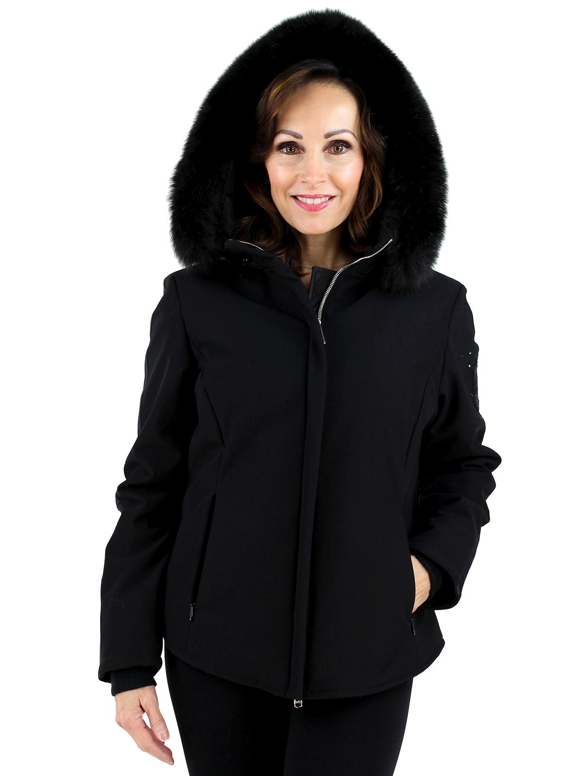 Womens black ski shop jacket with fur hood