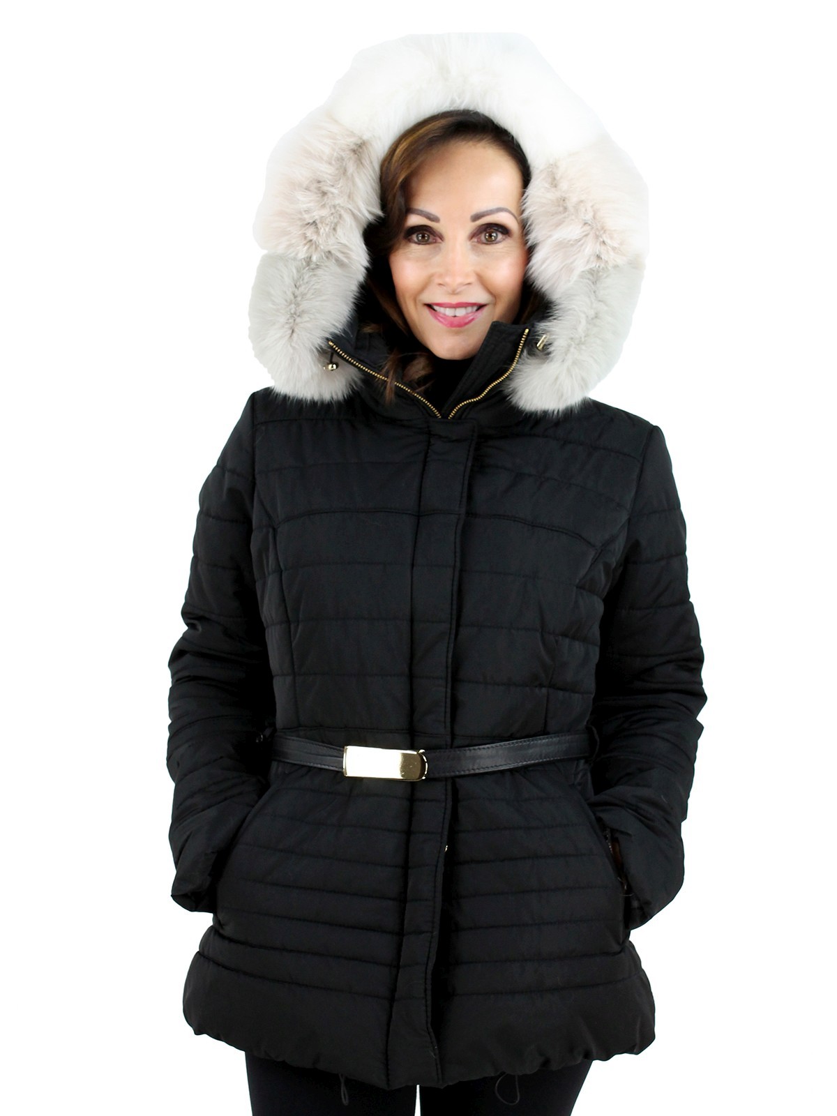 white ski jacket with fur hood