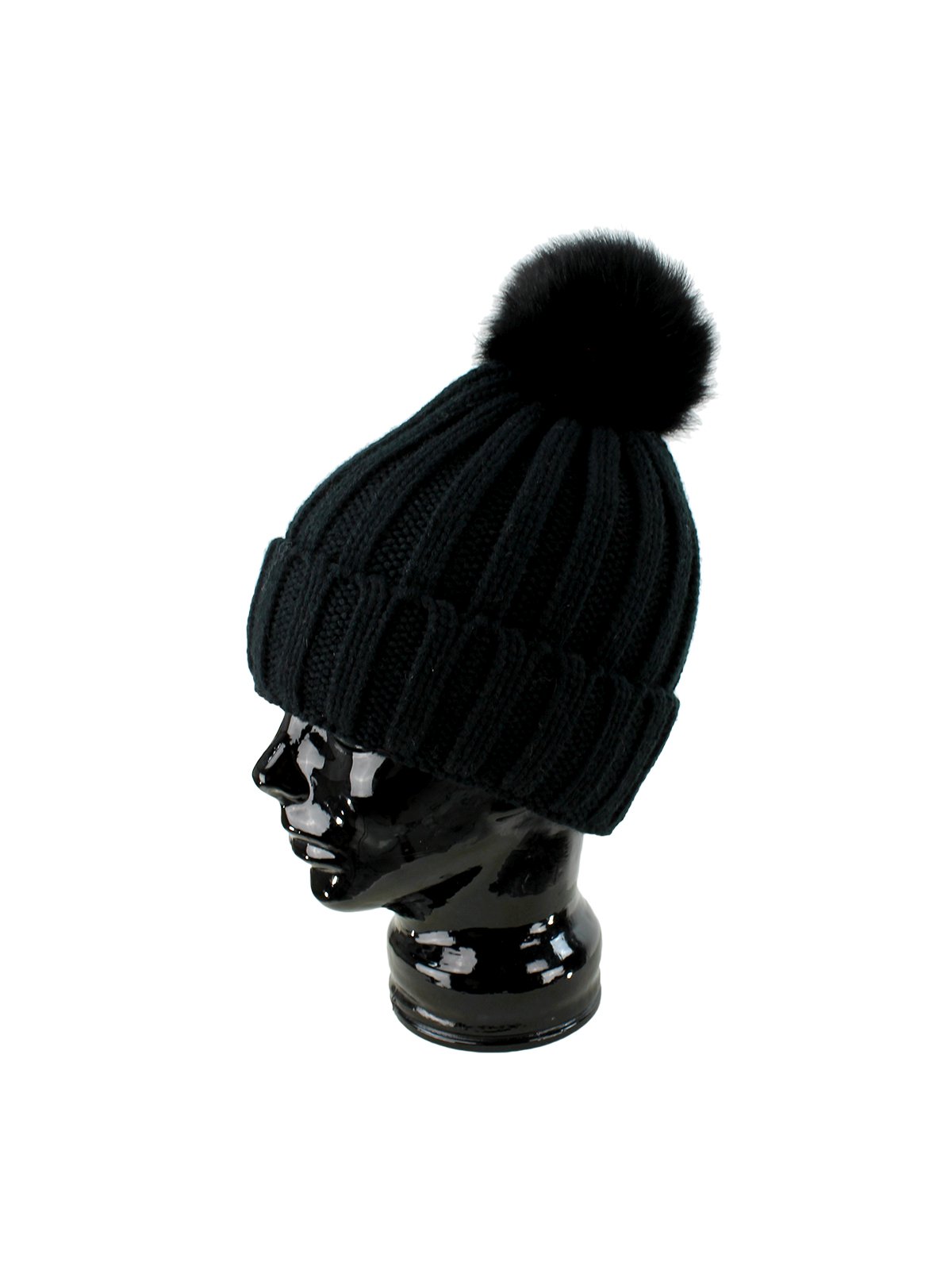black beanie hat with fur pom pom
