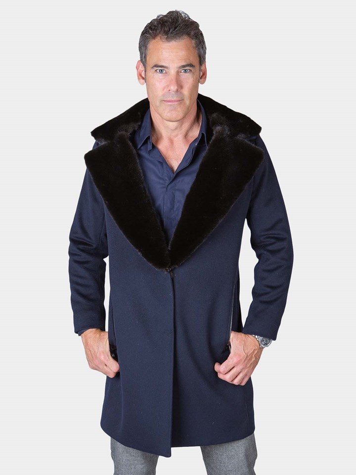 Man's Navy Cashmere Wool 3/4 Coat with Detachable Mink Fur Collar