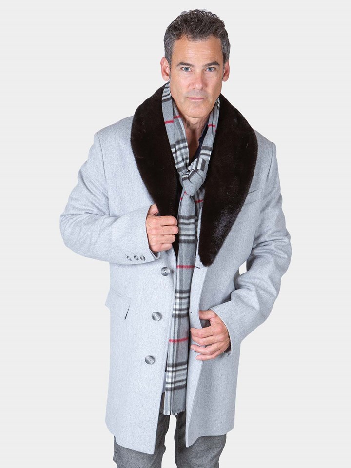 Man's Light Grey Cashmere Wool 3/4 Coat with Detachable Mink Fur Collar