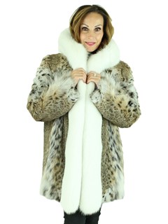 Woman's Natural Cat Lynx Parka with White Fox Fur Trim