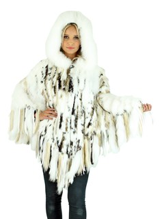 Woman's White Knitted Rex Rabbit and Raccoon Fur Poncho
