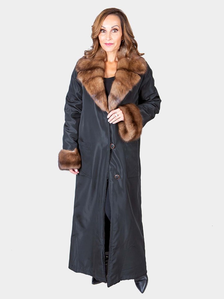Woman's Black Fabric Taffeta Coat with Sheared Mink Fur Lining