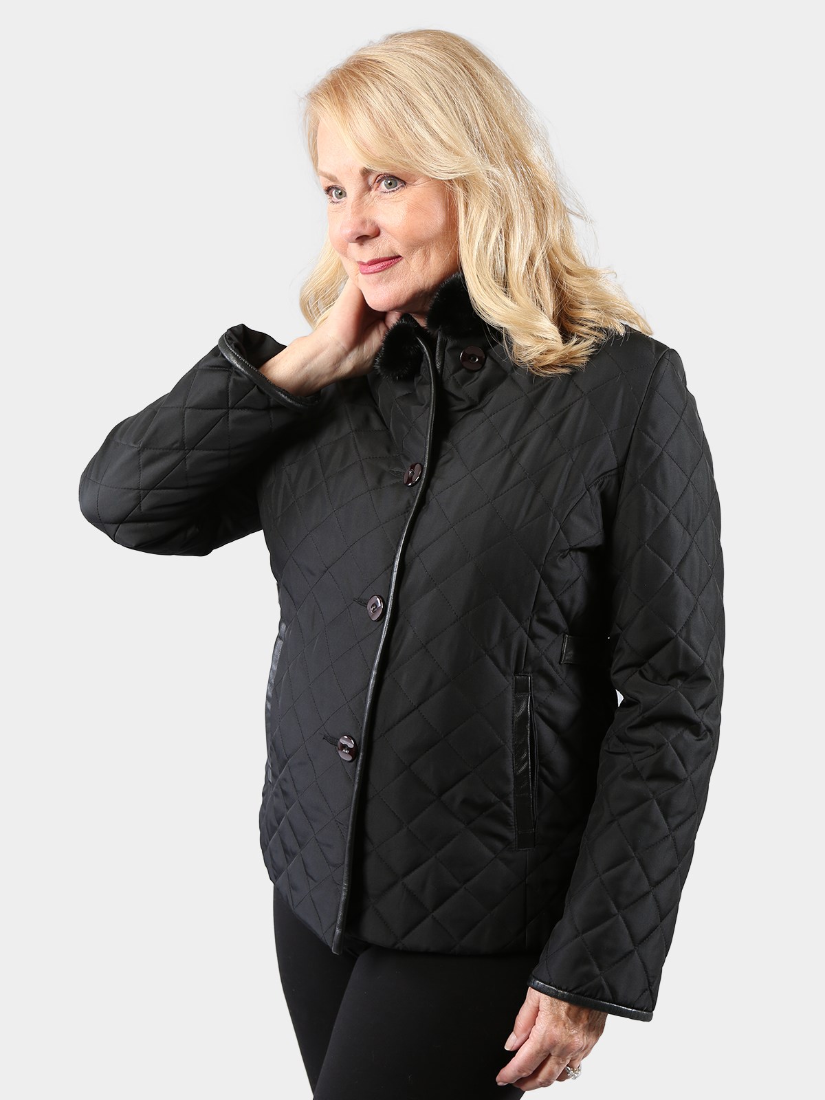 Woman's Black Quilted Fabric Jacket with Mink Collar